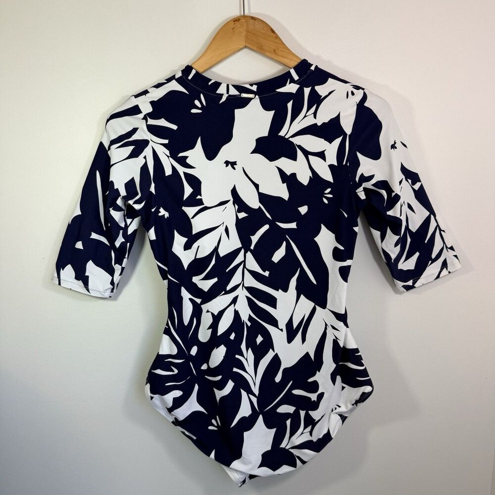 ANNE COLE Long Sleeve One-Piece Rash Guard Swimsuit Tropical Navy White Sz 8 - Picture 3 of 12